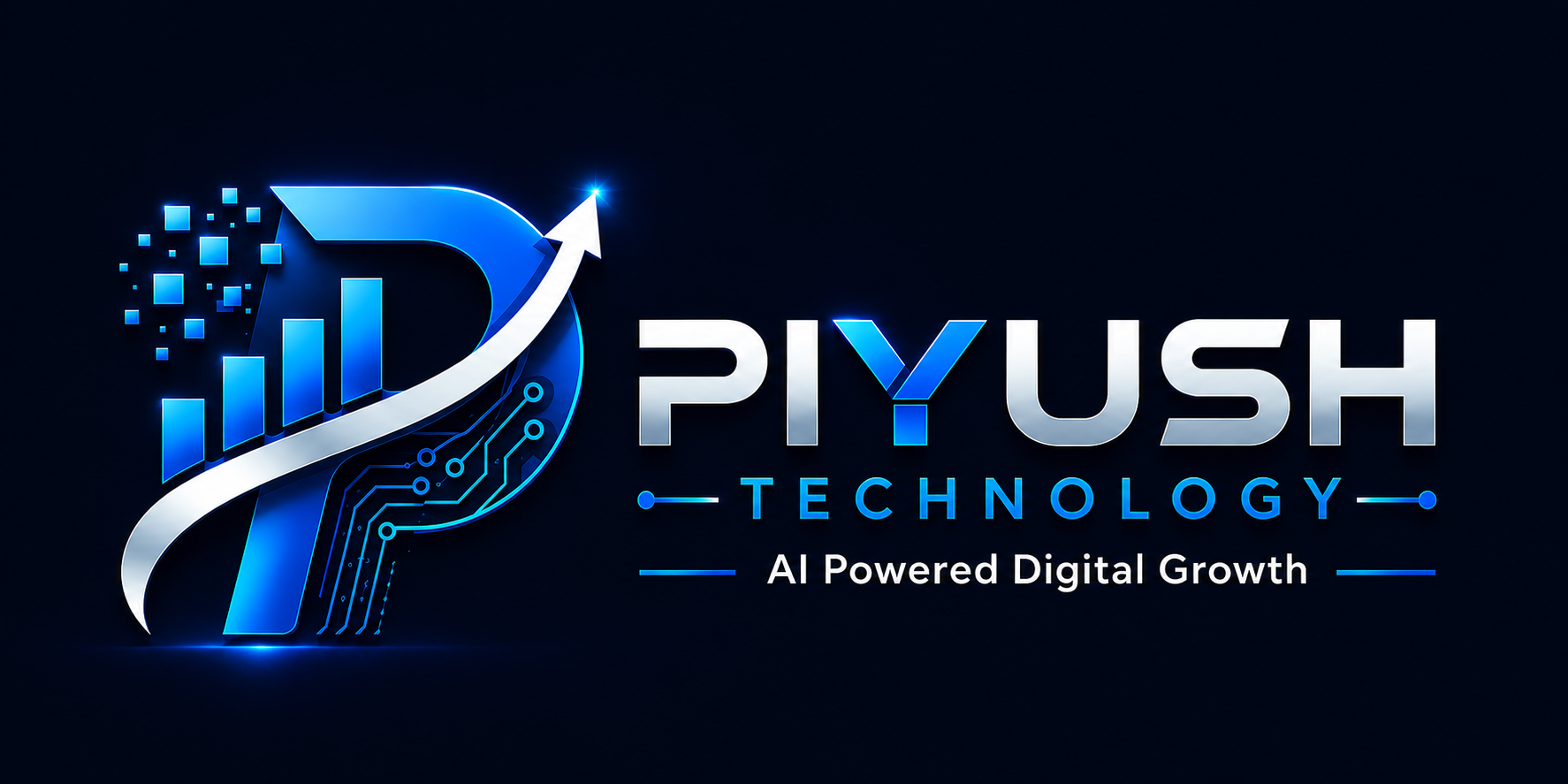 Horizontal logo for Piyush Technology featuring a futuristic blue and silver “P” icon with an upward arrow, digital bars, circuit patterns, and the tagline “AI Powered Digital Growth” on a dark navy background.