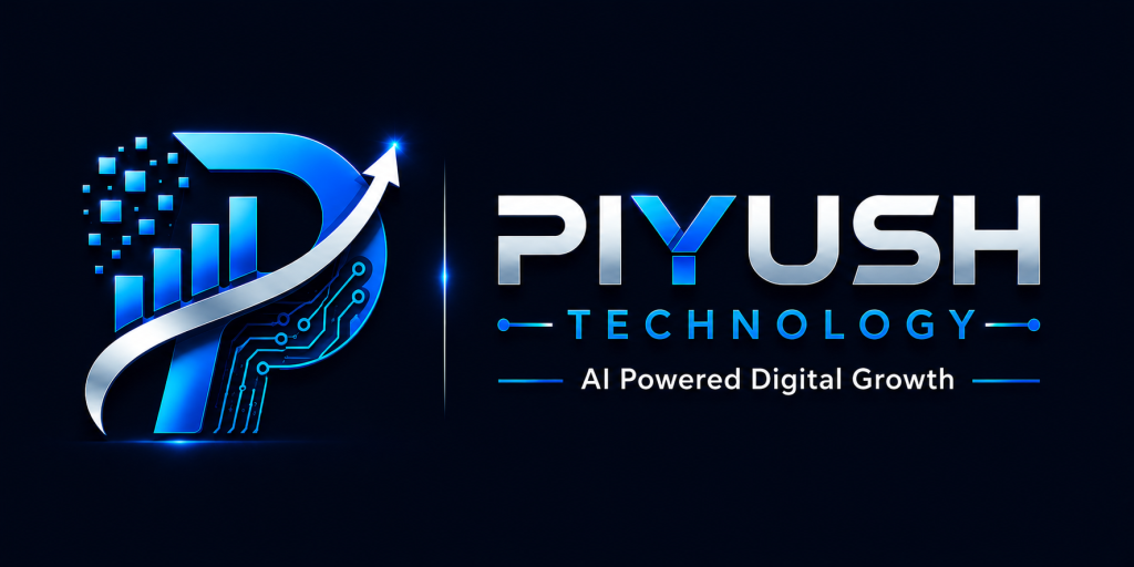 Horizontal Piyush Technology logo banner with a futuristic blue “P” icon featuring an upward arrow, analytics bars, circuit lines, and metallic text alongside the tagline “AI Powered Digital Growth” on a dark navy blue background.